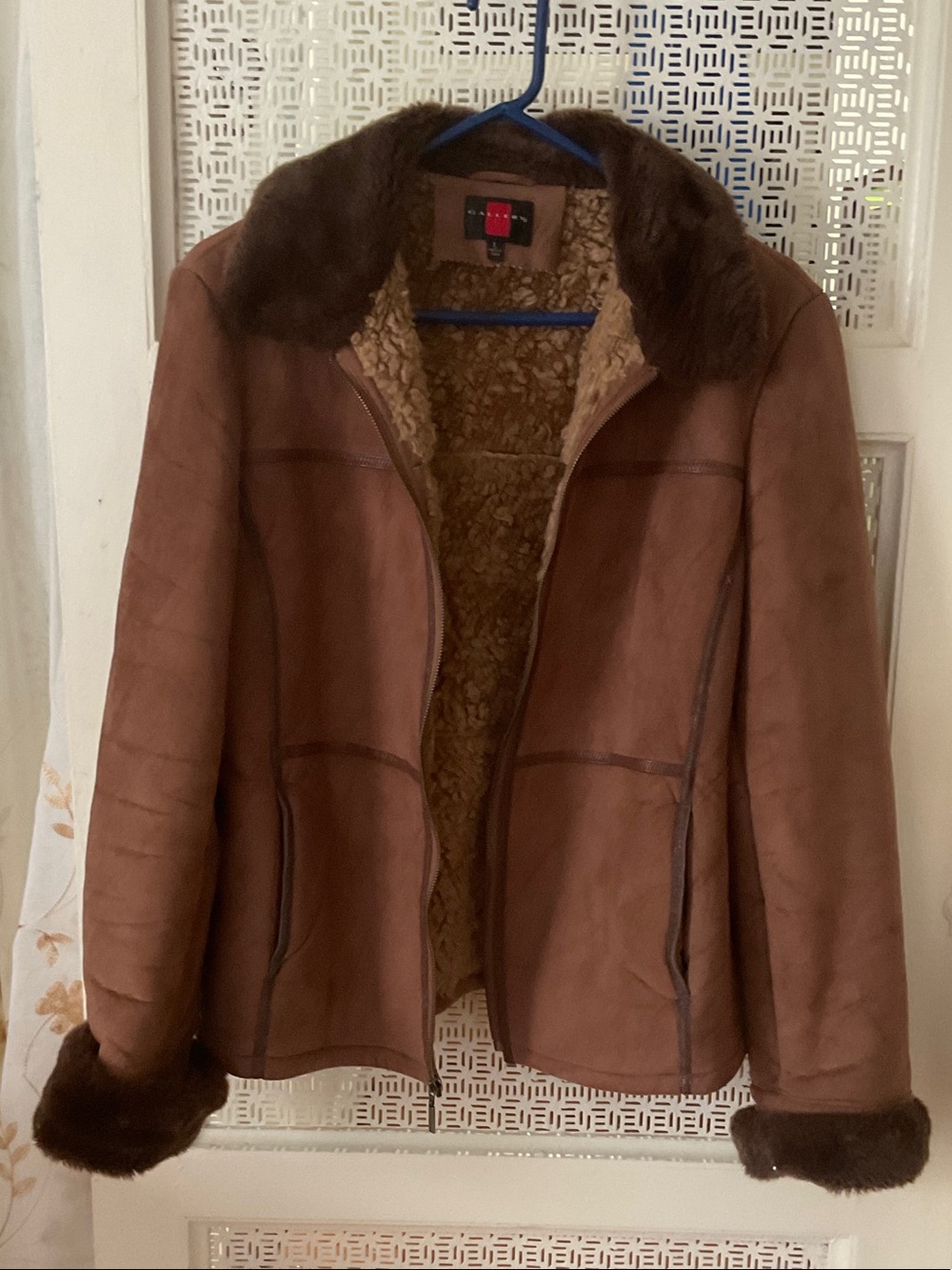 Gallery Brown Suede Shearling Jacket with Dark Fur Collar